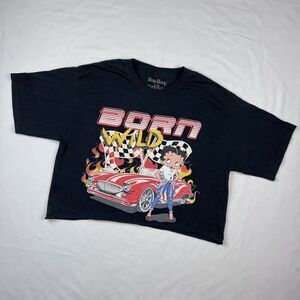 Betty Boop Large Born Wild Race Car Black Cut Off Cropped T-Shirt